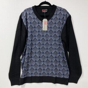 North Pole Men's Pullover Sweater, Size Large, V-Neck, Blue & Black Pattern NEW